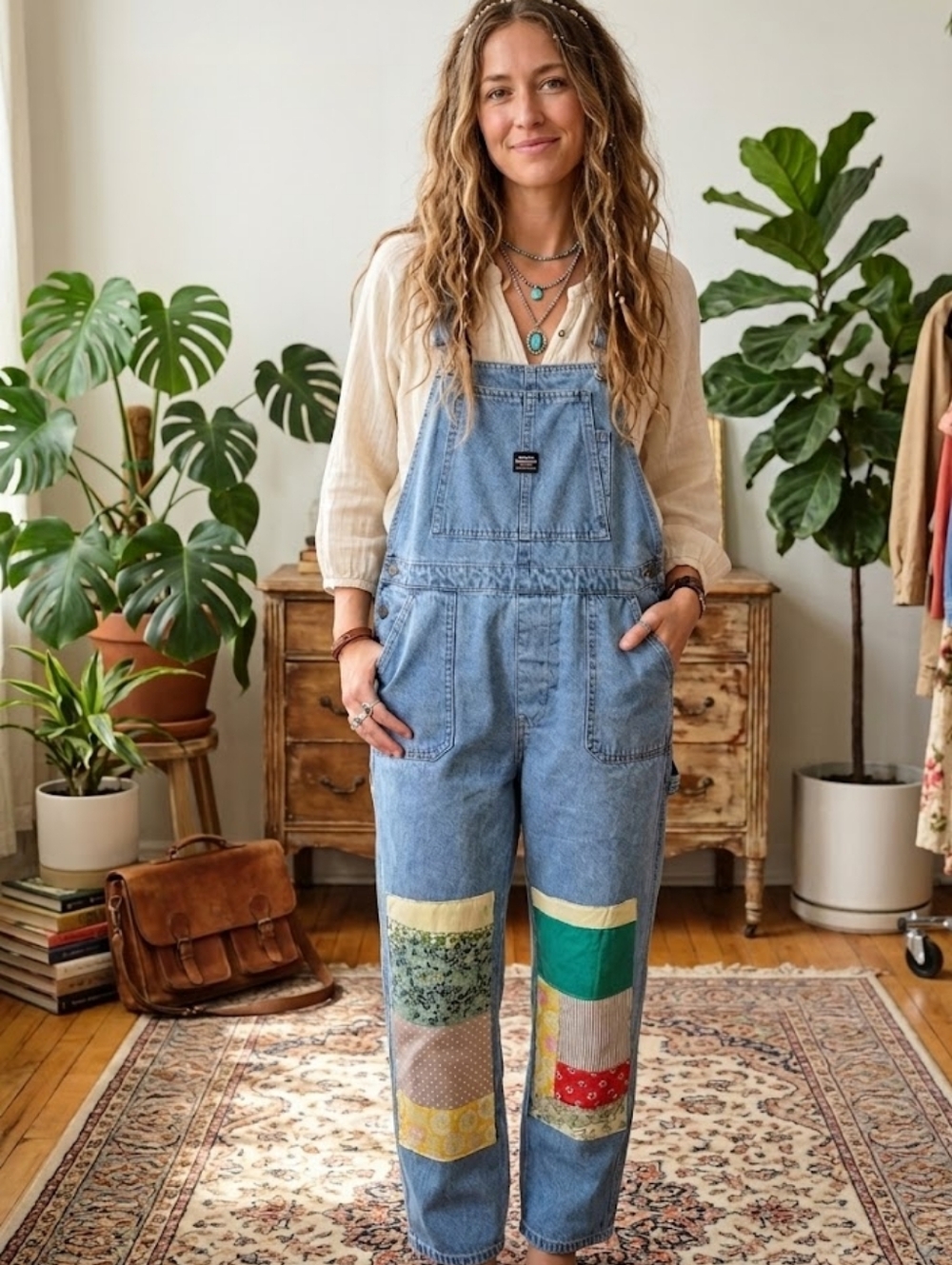 Upcycled Boho Quilt Patch Denim Overalls Size M